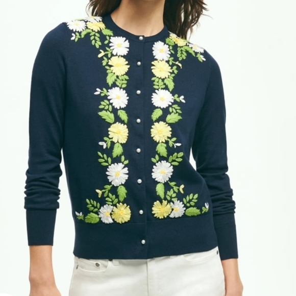 Brooks Brothers Sweaters - Brooks Brothers Navy Cardigan with Floral Embroidery,sz L.